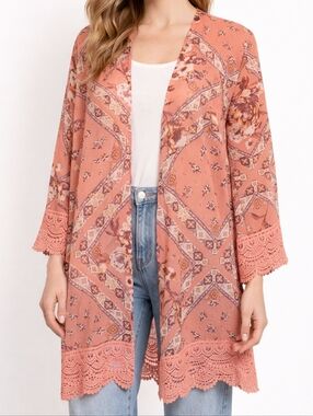 Floral Kimono Cardigan with Lace Trim NWT